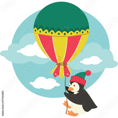 Whimsical Penguin Character Flying in a Red Yellow and Teal Hot Air Balloon Against a Cloudy Blue Sky with a Transparent Background