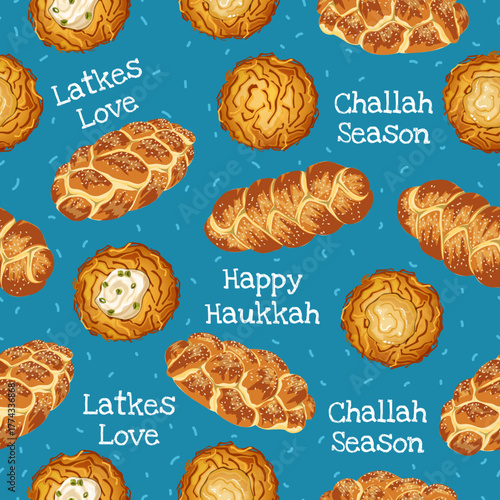 Latkes, Challah Bread, Happy Hanukkah Seamless Pattern on Blue. Jewish Holiday Background Artwork