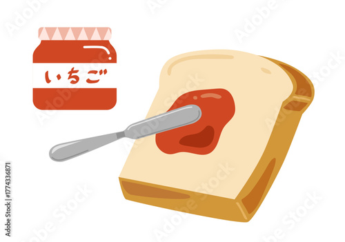 食パンにいちごジャムを塗っているイラスト