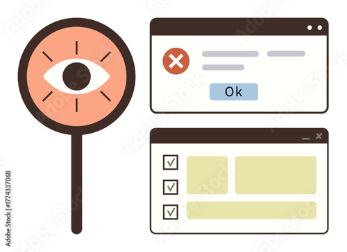 Magnified eye representing monitoring, alert window with error and confirmation button, and checklist interface. Ideal for security, error tracking, monitoring, user interface, validation