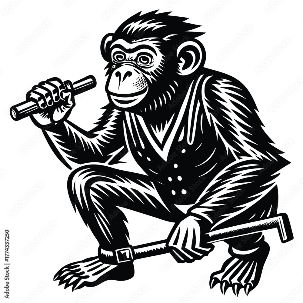 Fototapeta premium A fascinating chimpanzee using a tool, symbolizing intelligence, animal behavior, problem-solving, and nature.