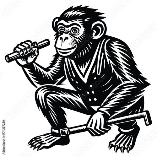 A fascinating chimpanzee using a tool, symbolizing intelligence, animal behavior, problem-solving, and nature.