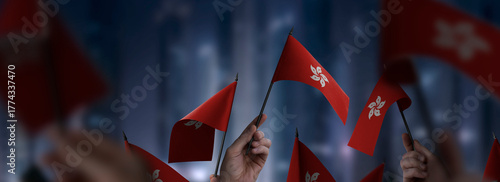 Hong Kong flags in their hands on a blurred urban background
