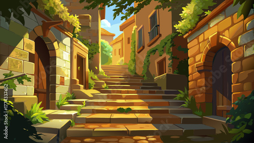 vector of a stone staircase in narrow old alley, ivy-covered walls, warm golden sunlight, nostalgic atmosphere
