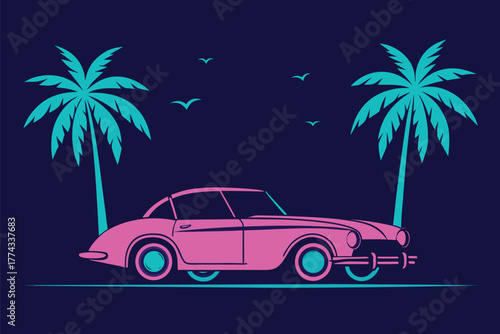 Retro car with palm trees