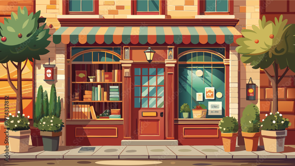 Fototapeta premium Realistic vector of a vintage bookstore on quiet street, wooden door, flowerpots, sunlight on windows, nostalgic city charm