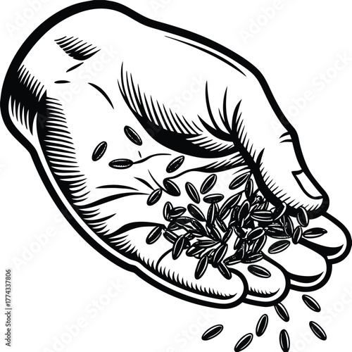A hand throwing a scattering of seeds, symbolizing growth, future, planting, and agriculture.