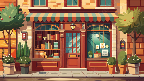 Realistic vector of a vintage bookstore on quiet street, wooden door, flowerpots, sunlight on windows, nostalgic city charm