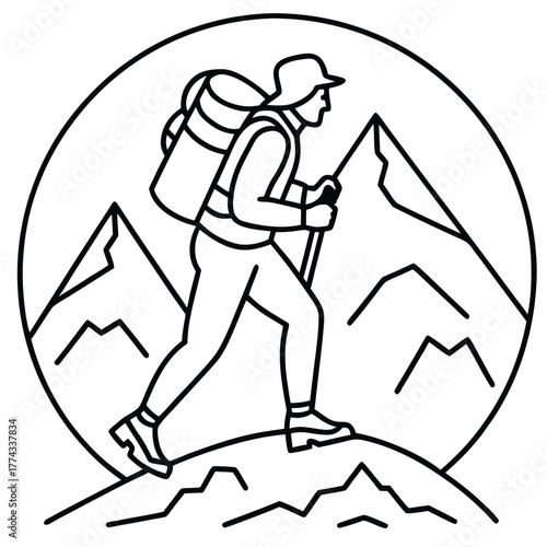 A hiker with a backpack ascending a peak, symbolizing adventure, journey, nature, and personal challenge.