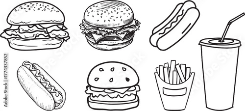 A Fast Food Vector drawing line black white 