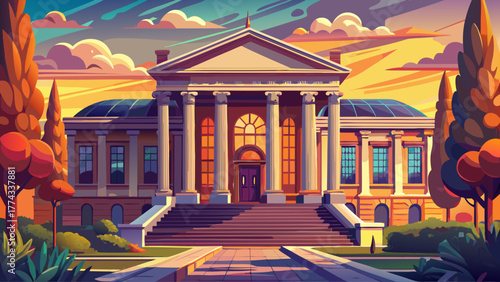 vector of a historical library building with columns, old architecture, warm evening light, nostalgic city mood