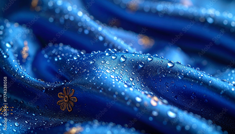 Obraz premium Drape of Royal Blue Fabric: Captivating close-up of luxurious royal blue fabric, subtly wet, adorned with delicate water droplets that shimmer and reflect light. A touch of elegance. 