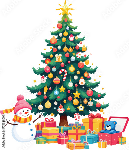 PrintChristmas tree with gifts, snowman, teddy bear, ornaments, and festive decorations vector illustration