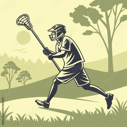 A dynamic lacrosse player running with the stick, illustrating team sport, action, speed, and competition.