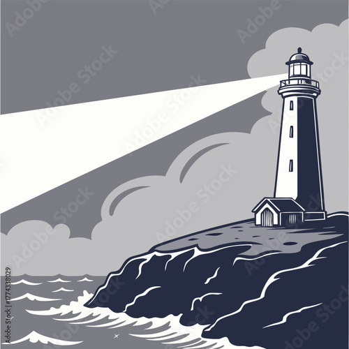 A lighthouse beam cutting through fog, representing guidance, hope, clarity, and safety in uncertainty.