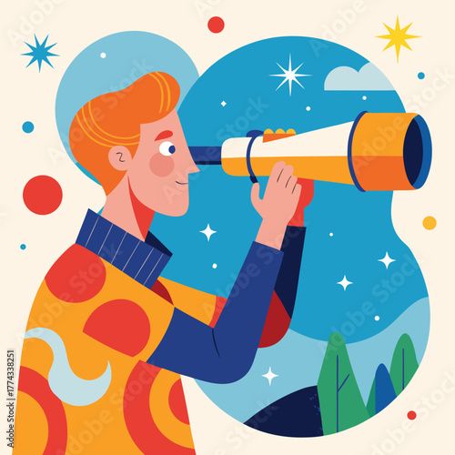 A person looking through a telescope, symbolizing discovery, exploration, science, and the pursuit of knowledge.
