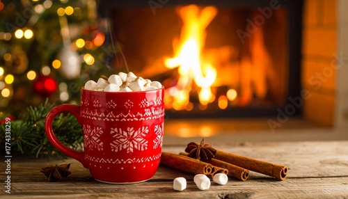 Cozy holiday scene with hot cocoa, marshmallows, fireplace, and festive decoration