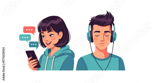 Illustration of a woman texting on her phone and a man listening to music with headphones.