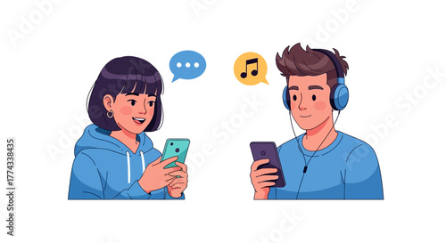 A young man and woman using their smartphones for messaging and listening to music, representing modern digital communication.