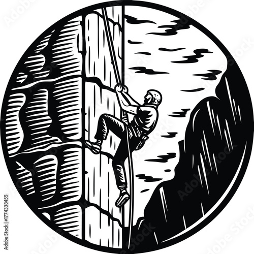 A determined rock climber scaling a vertical wall, symbolizing challenge, courage, endurance, and adventure.