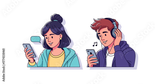 Two individuals, a woman and a man, are depicted using smartphones, with one listening to music.