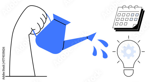 Hand with watering can pouring water next to a calendar and a glowing light bulb. Ideal for innovation, growth, planning, idea generation, productivity, time management, and creative processes as