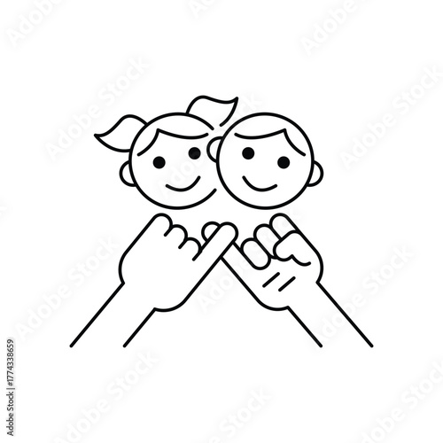 Two smiling friend characters with arms around eachother shoulders. Friendship vector thin line icon illustration