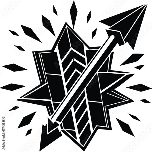 A dynamic stylized arrow breaking through a barrier, symbolizing breakthrough, progress, challenge, and overcoming obstacles.