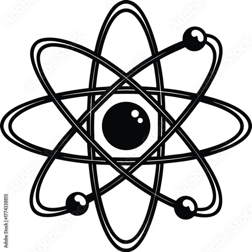 A stylized atom with three orbiting electrons, symbolizing science, energy, fundamental structure, and technology.