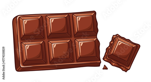 Dark chocolate bar with a broken piece delicious treat illustration