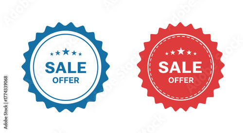Two vibrant sale offer badges one blue and one red displayed