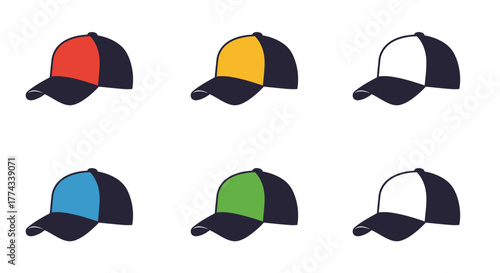A colorful collection of baseball caps displayed in a simple arrangement