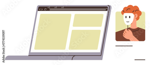 Laptop screen with website layout and person holding mask representing anonymous identity. Ideal for communication, privacy, technology, cybersecurity, online personas, digital safety, simple flat