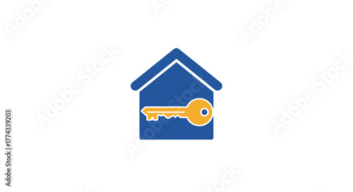Blue house icon with a golden key displayed in the center