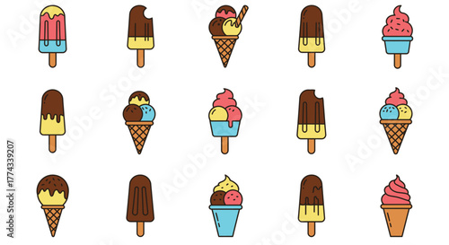 Colorful collection of various ice cream treats and frozen desserts displayed