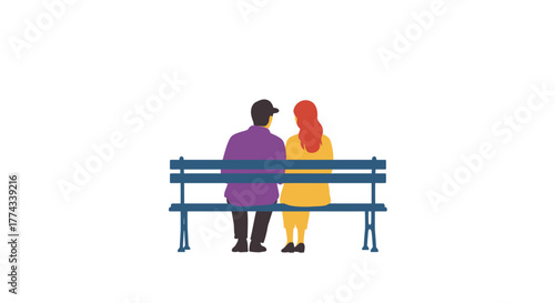 Couple sitting on a park bench viewed from the back simple illustration