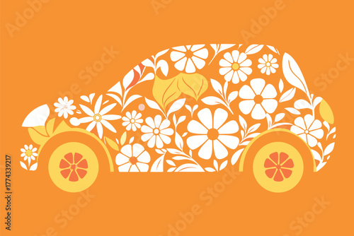 Floral car on orange background