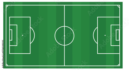 Overhead view of a green soccer field with white markings and goals