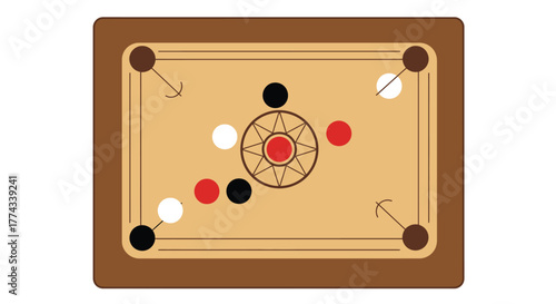 A top down view of a carrom board with playing pieces arranged
