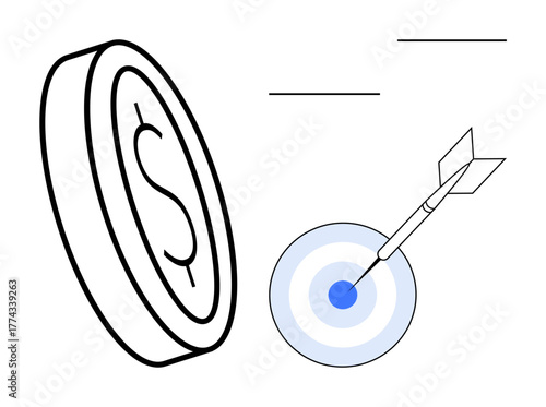 Large coin and precise arrow striking bullseye symbolize financial success, strategic investment, or goal-focused profits. Ideal for business strategy, investment, goals, marketing, success