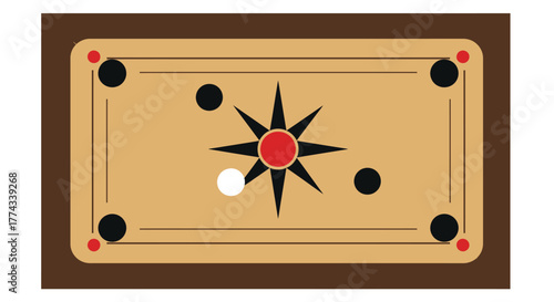 A top down view of a stylized carrom board with red and black pieces