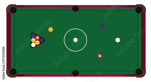 A top down view of a green billiards table with scattered balls