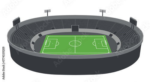 Aerial view of an empty football stadium with a green pitch