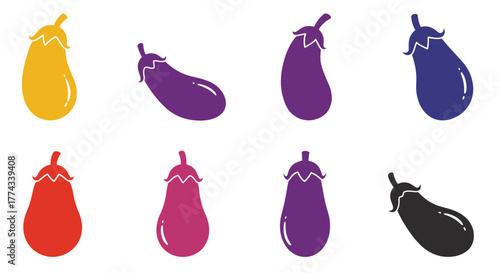 Colorful eggplant illustrations in varying shades displayed on a white background