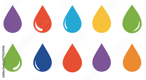 Colorful water droplets arranged in rows on a white background