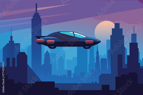 Futuristic flying car over city