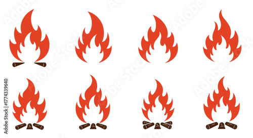 Stylized illustration of multiple orange and red flame graphics with logs