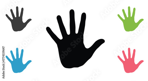 Colorful handprints in various shades arranged against a plain white background