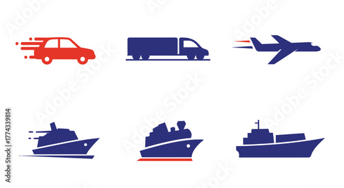 Various transportation methods illustrated with simple icons cars planes and ships