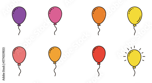 Colorful balloons in varying shades floating with simple string attachments